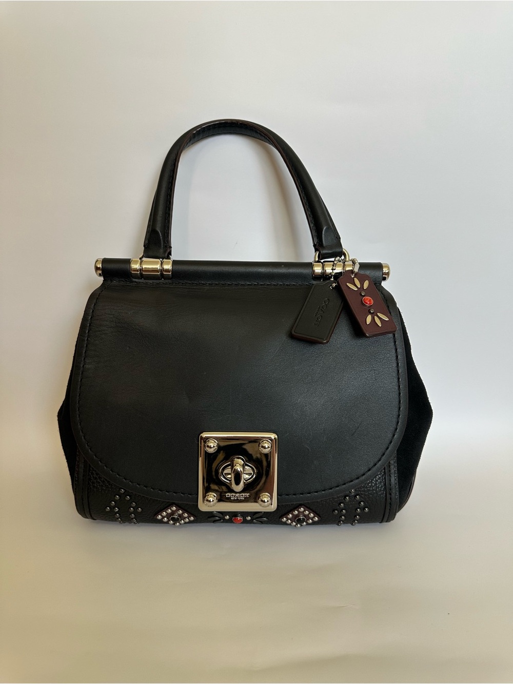Coach Drifter with rivets western Black Leather Turnlock Satchel Handbag